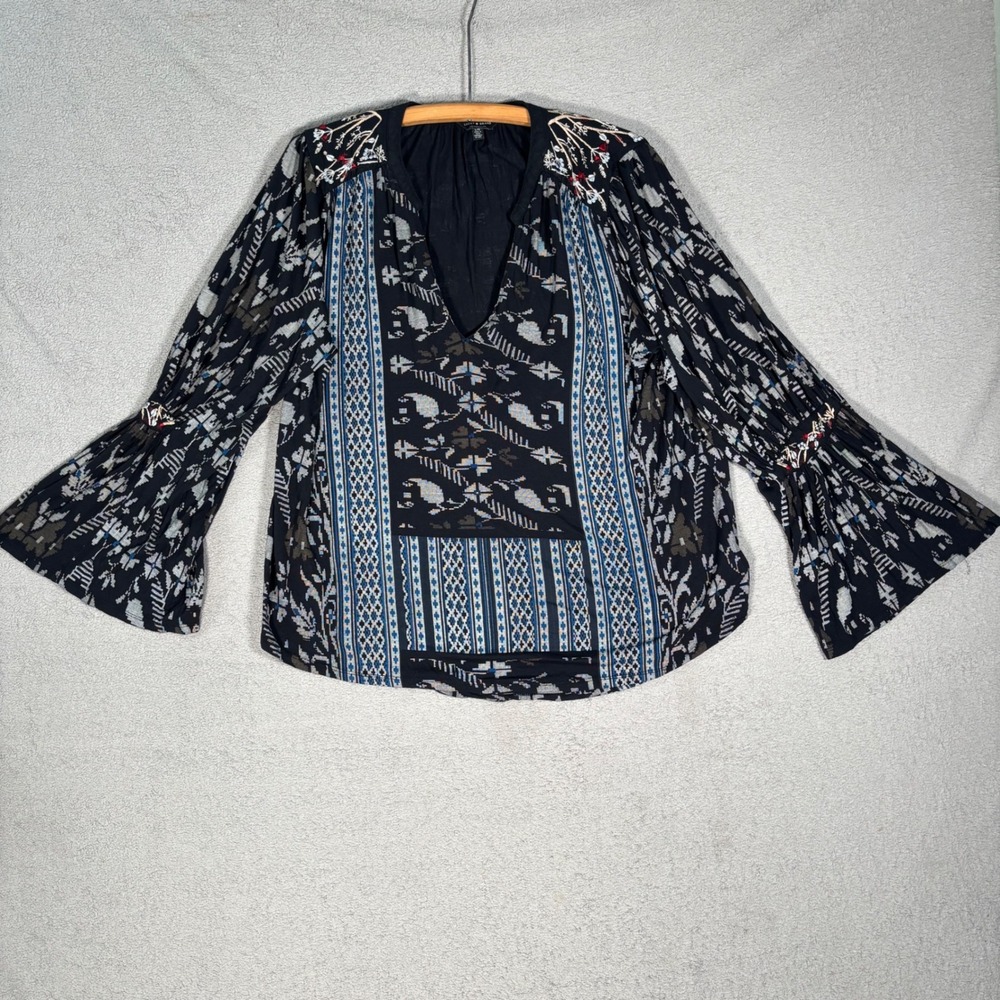 Lucky Brand Top Size L Black Floral Bell Sleeve V Neck Embroidered Boho Blouse